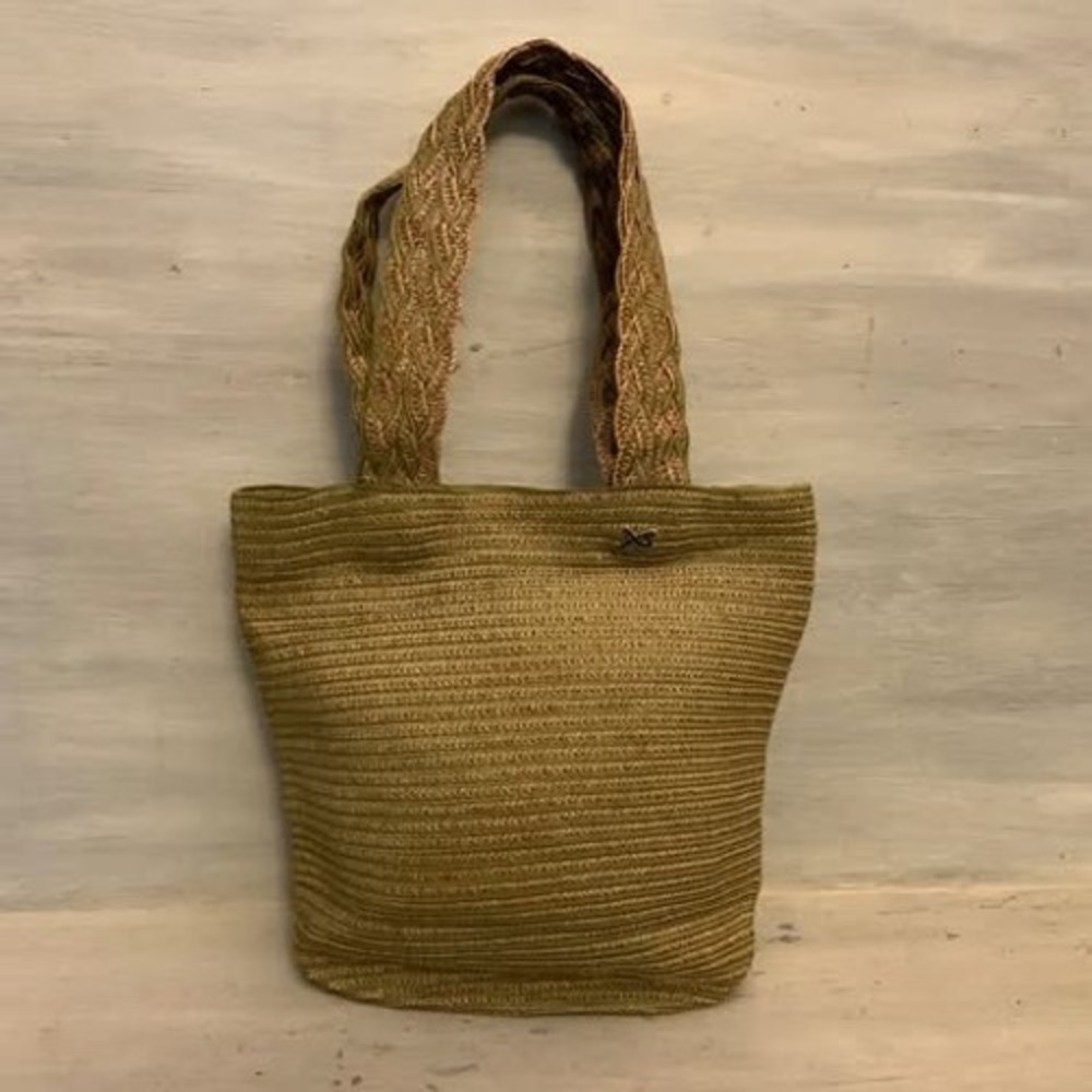 Betmar New York Green/Tan Woven Shoulder Handbag Purse Good Condition